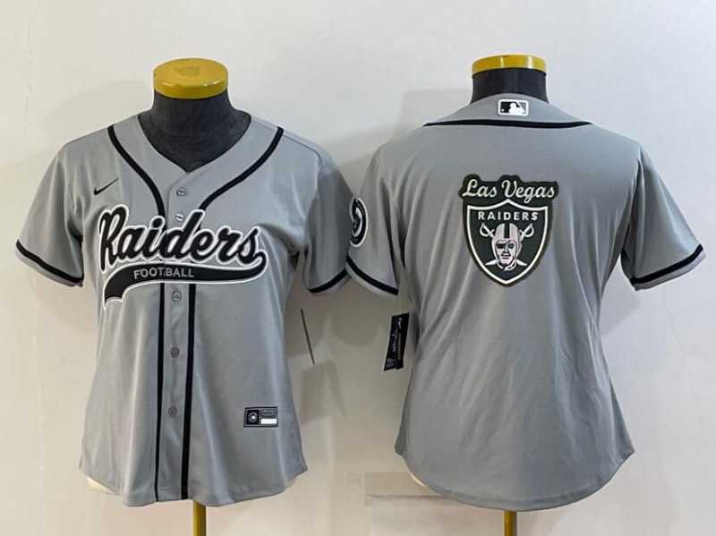 Womens Las Vegas Raiders Grey Team Big Logo With Patch Cool Base Stitched Baseball Jersey->women nfl jersey->Women Jersey
